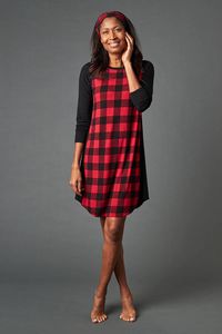 Stay in and be cozy in the most comfortable long sleeve nightie. Ever. Represent the season in red plaid. This long Sleeve Nightie includes a raglan style long sleeve dress that falls just above the knee and a matching headband. Made from our signature ultra-soft and moisture-wicking fabric blend.