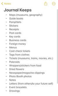 list of items to collect and keep inside yout johrnal or scrapbook. Journal ideas. Notes app ideas. Scrapbook collections.