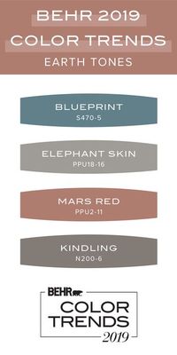 Grounded yet refined by vintage influences, this earth-toned color palette from the Behr 2019 Color Trends collection is the perfect way to update your home. Start with the Behr 2019 Color of the Year: Blueprint. Then, add warmer hues in the form of Mars Red. Kindling is a taupe brown shade that pairs well with blue while Elephant Skin acts as a neutral shade of gray. Click below for inspiration on how to use these trending colors.