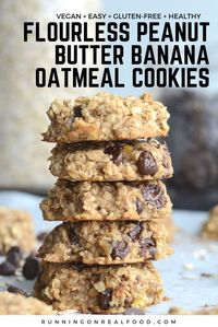 These healthy, flourless peanut butter banana oatmeal cookies require just 3 ingredients! Add chocolate chips for a yummy treat! Vegan and gluten-free. #veganbakingrecipes #veganbaking #vegancookies #cookierecipes #healthycookies #flourlesscookies #peanutbuttercookies #vegandesserts #easycookies #healthycookies #bananacookies #banana #chocolatechips