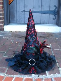 RESERVED for DarkRedAngel247 Red and Black Happy Halloween Elegant Witch Hat with Black and Red Feathers by English Rose Designs