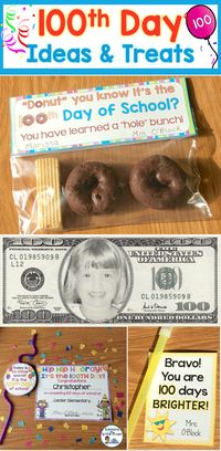 100th day of school ideas including treat / snack suggestions with tags, awards, activities, games, and more. https://lessons4littleones.com/2017/01/10/100th-day-of-school-ideas-treats/