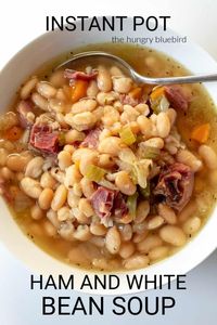 Instant Pot Ham and White Bean Soup, smoky ham and white bean soup in about an hour, no need to presoak the beans. #thehungrybluebird #instantpotrecipes #instantpotsoup #hamandwhitebeansoup #souprecipes #nosoakbeans