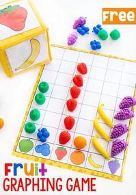 Free printable fruit graphing set for preschool and kindergarten. These activities are great for math centers, small group activities and whole class activities for learning about graphing. Try these fun fruit themed math activities to teach math and healthy eating habits! #health #math #mathcenters #learning #preschool