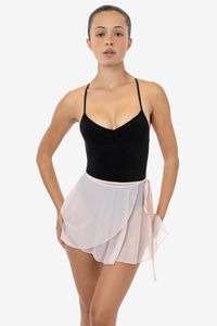 The Micro Mesh Ballet Wrap skirt is made of our lightweight, stretch nylon-spandex mesh and is finished with a delicate waist tie made from chiffon. This short skirt is intended for layering purposes and features a rounded wrap design that twirls with movement and a merrow hem. We recommend pairing this style with bodysuits and over unitards for a playful, dancewear-inspired look. Made in South Central, Los Angeles by workers earning fair wages.