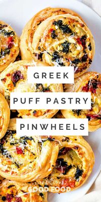 These tasty Mediterranean Appetizer Pinwheels start with frozen puff pastry sheets and are layered with gooey cheeses, salty olives, spinach, and roasted peppers. A beautiful and delicious addition to any appetizer buffet, these puff pastry pinwheels are golden brown, cheesy, and filled with savory Greek-inspired ingredients.