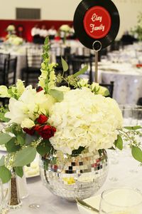 Disco Floral Centerpiece; Sock Hop Party; Flowers; Album; Disco Ball; Flower Arrangement; Sock Hop Party Ideas