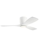 The KICHLER Volos 48 in. Matte White LED Fan features an integrated LED lamp that serves as an ambient downlight. It has a unique design with a matte white finish that complements various styles of decor. This ceiling fan comes with a 65K wall control that allows for precise fan speed adjustment.