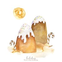 Illustration about Watercolor mountains, pies, cakes Sweets candies and clouds. Illustration of cupcake, gourmet, hand - 251022186