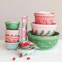 Each sold separately! Each bowl is crafted from food-safe stoneware and features a vibrant, multi-colored holiday pattern that brings the joy of the season to any culinary creations. Whether used for mixing, serving, or storing, these bowls are as practical as they are festive. This "Tis the SEASONing" set of stoneware nesting bowls is a merry must-have for any holiday kitchen. Small: 6-1/4" Round Medium: 8" Round Large: 10-1/4" Round