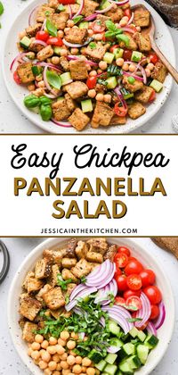 This easy Chickpea Panzanella Salad will wow your guests, your kids, your family, and most importantly, your stomach. Consider it a mashup of my Greek panzanella salad and 15-minute chickpea salad—it’s full of bold flavours and supremely satisfying thanks to the protein-packed chickpeas and bread.If you’ve never had panzanella before, it’s literally the best version of salad ever because it’s made with bread, in addition to the usual veggies and dressing. You will love this salad.