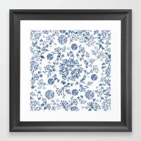 Botanicals in a circles. ferns, garden, leaf, botanic, white, blue, boho, white-blue. Framed Art Print