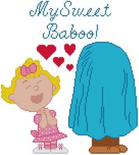 This is Sally loving Linus, who is her Sweet Baboo, while he hides under his blanket!
This pattern comes printed on 4 pages which is 10 squares per inch of paper.
This pattern is 136 X 152 stitches (squares).
This pattern uses 13 colors.