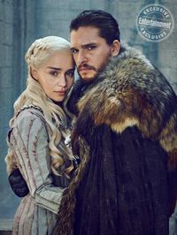 Emilia Clarke and Kit Harington pose as Daenerys Targaryen and Jon Snow. Revisit behind-the-scenes #GameOfThrones season 8 photos! (Tap our site link.)