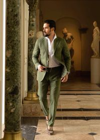 Men’s Wear - Workwear - Green suit - White shirt - Black sunglasses - Men’s suits - Summer tailoring