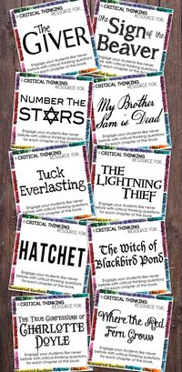 Critical Thinking Novel Companions for The Giver, Sign of the Beaver, Hatchet, The Lightening Thief, Tuck Everlasting, and many more. Get your students thinking and responding with depth and complexity.