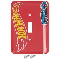 Deck out your child's room with a fun accessory! Red Hot Wheels Metal Single Switch Plate is made from metal, and it is oriented horizontally. This single switch plate has a bright red background, a red and yellow "Hot Wheels" logo at the top, a white double line, and a blue car with white flame detailing on the side. Your room won't feel complete without this! Details: 	 Length: 3 11/16" 	 Width: 5 3/16" 	 Orientation: Horizontal 	 Includes: 2 - Hole Cut-Outs & 2 - Screws Package contains 1 switch plate.