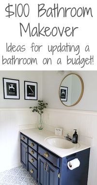 This bathroom makeover is seriously incredible! I cannot believe it was all done for less than $100! Stealing some ideas for my own bathroom inspiration. #bathroom #bathroomideas #bathroominspiration