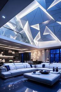 Reimagine geometry with this exciting Futuristic Living Room. Angular beauty meets futuristic design. #FuturisticLivingRooms #FuturisticDecor #GeometricDesign #ModernInteriors #AngularBeauty