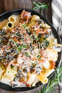 Creamy Rigatoni with Mushrooms and Prosciutto di Modena PDO is a rich, flavorful, creamy pasta recipe full of authentic Italian ingredients! #rigatoni #mushrooms #prosciutto #cream #sauce #recipe #pasta #italian