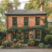 Rustic Red Brick Harmonized with Sage Green for Traditional Home Appeal • 333+ Images • [ArtFacade]