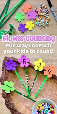 Using foam flowers, pipe cleaners, and pony beads, kids can practice counting and fine motor skills while having a ton of fun! This easy project is a great learning activity for preschoolers. With just a few cheap supplies and 5 minutes, you can create a counting game that your kids will love. This quite time activity kept my 2 year old busy for hours! She loved lacing the beads onto the pipe cleaners, and you can find most of the supplies at the Dollar Store to save some money.