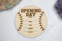 "This \"Opening Day\" engraved introduction sign is the perfect photo prop for a birth announcement! Great for capturing life's first moments. PRODUCT DETAILS * Beautiful personalized Baseball design * \"Opening Day\" round measures 6 inches * Laser-cut natural 1/4\" baltic birch plywood If you have any questions we would love to help! Send us a message and we will get back to you shortly. SIMILAR ITEMS * Baseball 1-12 Month Rounds: https://www.etsy.com/listing/1072044276/baby-monthly-milestone-