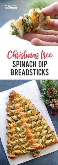 This is such a cute holiday appetizer idea! Breadsticks stuffed with spinach dip in the shape of a Christmas tree.