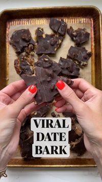 1hr · 8 servings  My take on the viral frozen date bark!  Recipe for the Date Bark:  • 20 pitted medjool dates  • handful of nuts of choice  • creamy peanut butter  • 1.5 cups melted dark chocolate  How to make the viral Date Bark:  • add the dates to a baking sheet and press down so they stick together  • add the nuts on top and drizzle the nut butter  • cover with melted chocolate then move to freezer to harden  • break into pieces and ENJOY