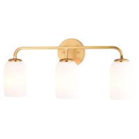 Illuminate your bathroom or maybe even kitchen with the Shelby 3-Light Vanity. Its classic design and natural brass finish add a touch of timeless sophistication for both transitional and contemporary spaces. The elongated white dome-shaped glass shade emits a soft, diffused light, creating a warm and inviting atmosphere that's perfect to enhance your daily rituals or for relaxing after a long day.