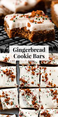 These soft gingerbread cookie bars are so easy to make—no dough chilling or rolling required! Top with spiced cream cheese frosting. #Gingerbreadrecipes #holidaybaking #Christmascookies