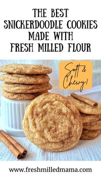 These are the best snickerdoodle cookies made with fresh milled flour! The soft and chewy texture makes these a family favorite! They are easy to make and are a delightful treat.   See full printable recipe at www.freshmilledmama.com  #freshmilled #freshmilledflour #freshmilledmama #snickerdoodles #snickerdoodle #cookies #snickerdoodlecookies #wholewheat #wholegrain #farmhouse #farmhousekitchen #komomio #soft #chewy #classic #softwhitewheat #softwhite