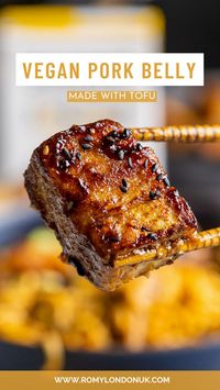 This vegan pork belly-style tofu is packed with flavor and you won’t believe it’s made with tofu! Marinated in a savory blend of soy sauce, hoisin sauce, and Chinese five-spice powder, the marinated tofu is layered with a vegan fat layer, steamed, sliced and pan-fried to crispy perfection and served over rice or noodles for a complete meal. It's surely a fun and unique way to switch up your tofu game! #tofu #porkbelly