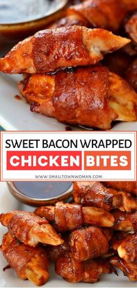 Sweet Bacon Wrapped Chicken Bites are super easy quick to make family-friendly appetizers perfect for your Super Bowl parties! This game day finger food is made of small pieces of chicken rolled in bacon and basted with a sweet and spicy glaze. Save this fancy chicken appetizer!