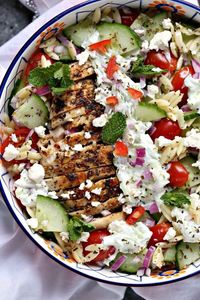 Greek Chicken Orzo Power Bowls are perfect for lunch or dinner. They are super easy to make and packed with delicious ingredients. These bowls are ideal for meal prep and are freezer friendly! #lunch #dinner #sponsored #powerbowls #healthyrecipes