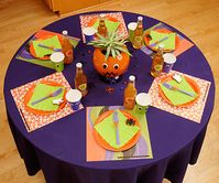 For the kids' table, start with a playful palette of bright purples, oranges, and greens for your table linens and partyware: http://www.bhg.com/halloween/parties/mod-halloween-party/?socsrc=bhgpin092614frightfullyfunkidstable&page=2