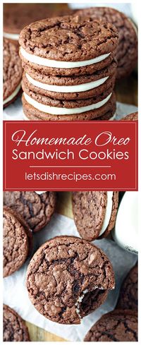 Homemade Oreo Sandwich Cookies Recipe -- These fun cookies start with a Devil's Food cake mix. Two chocolate cookies are then filled with a sweetened cream cheese filling, to create a delicious sandwich cookie that's sure to be a family favorite. #cookies #desserts #oreos #recipes