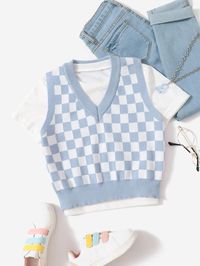 Blue and White Casual Collar Sleeveless Fabric Gingham Pullovers Embellished Medium Stretch  Tween Girls Clothing