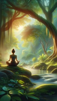 Experience tranquility with this serene image of a woman meditating by a stream in a lush forest. Capturing a moment of deep calm and connection with nature, this scene inspires inner peace, mindfulness, and harmony with the natural world. Ideal for those seeking a peaceful retreat into nature's embrace.