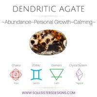 Metaphysical Healing Properties of Dendritic Agate, including associated Chakra, Zodiac and Element, along with Crystal System/Lattice to assist you in setting up a Crystal Grid. Go to https:/soulsistersdesigns.com to learn more!