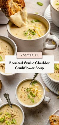 Creamy roasted cauliflower soup packed with flavor from a whole head of roasted garlic. There's no cream or flour involved in this easy cauliflower soup recipe, just blended cauliflower and savory melted cheddar cheese! Serve with croutons or toasted sourdough for the most comforting meal. #soup #cauliflower #healthylunch #vegetarian #healthydinner