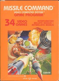 Box art for the Atari 2600 version of "Missile Command," released for the system and arcades by Atari in 1980.