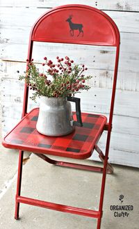 Buffalo Checked red metal folding chair with Christmas theme by Organized Clutter, featured on Funky Junk Interiors