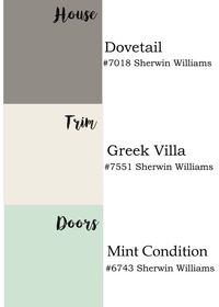 Exterior paint colors by Sherwin Williams: dovetail, Greek villa and mint condition.