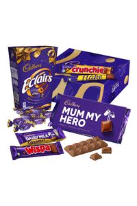 Cadbury Mum My Hero Chocolate Gift contains; 1 x Cadbury Dairy Milk Chocolate Bar 110g with Mum My Hero Sleeve 1 x Cadbury Eclairs Carton 350g 1 x Cadbury Wispa Chocolate Bar 36g 1 x Cadbury Flake Bar 32g 1 x Cadbury Crunchie Bar 40g 1 x Cadbury Dairy Milk Caramel Bar 45g