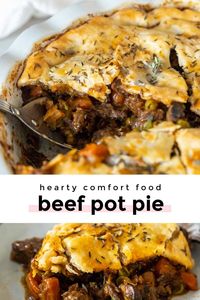 *NEW* Chunks of cooked beef are fork tender and literally melt in your mouth, top all of that with a buttery flakey crust and you have beef pot pie with pie crust heaven! #beefpotpie #meatpies #potpies #pierecipes