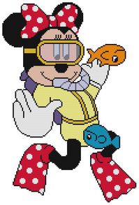 This is Minnie Mouse diving. The fish are giving her a show upside down!
This pattern comes printed on 4 pages which is 10 squares printed per inch of paper.
This pattern is 120 X 177 Stitches (Squares)
This pattern uses only 12 colors.