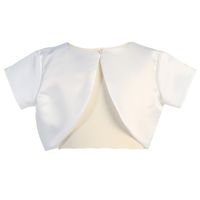 This elegant satin bolero shrug is the perfect accessories for her special occasion attire. The white bolero has short sleeves and one pearl-button closure. Made in USA.