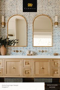 Bold, ornamental tile is offset by the subtle luxury of Cambria Delgatie in this rustic-meets-modern bathroom, designed by Emily Pueringer Design. Click the image for more information!