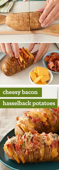 Cheesy Bacon Hasselback Potatoes – Hasselback potatoes always look great on a dinner plate. This cheesy version, made with OSCAR MAYER bacon, cheddar and fresh chives, is sure to be a new favorite during all your spring and summer entertaining.